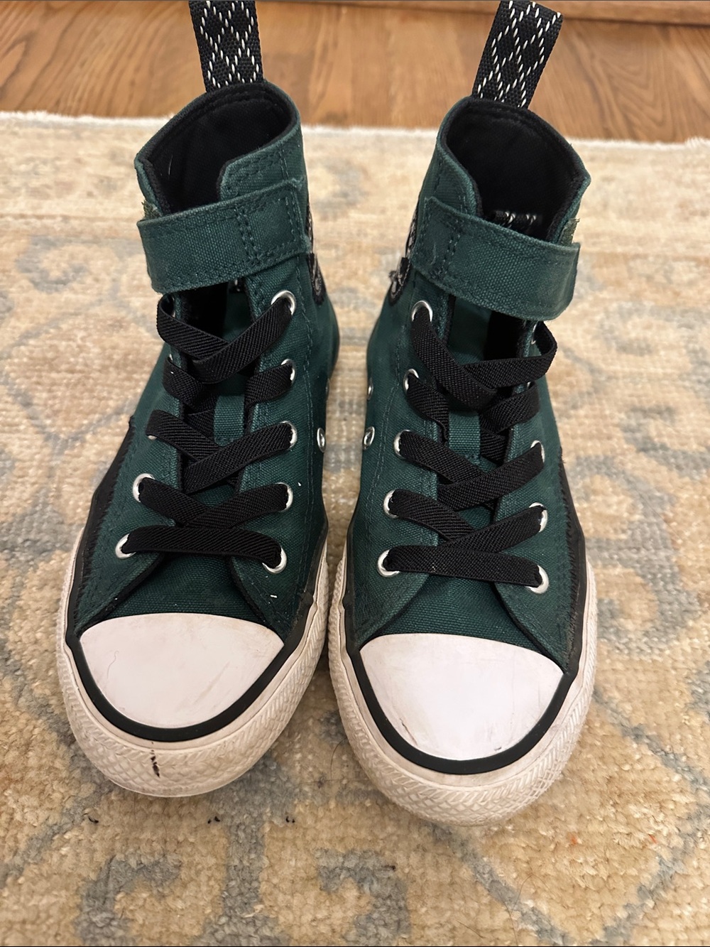 Kids High-Top Canvas Sneakers in Dark Green with Strap